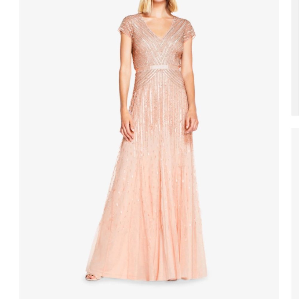 Adrianna Papell Beaded V-Neck Gown in Blush Size 16